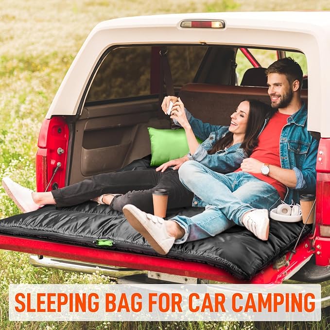 MEREZA Double Sleeping Bag for Adults Mens with Pillow, XL Queen Size Two Person Sleeping Bag for All Season Camping Hiking Backpacking 2 Person Sleeping Bags for Cold Weather & Warm