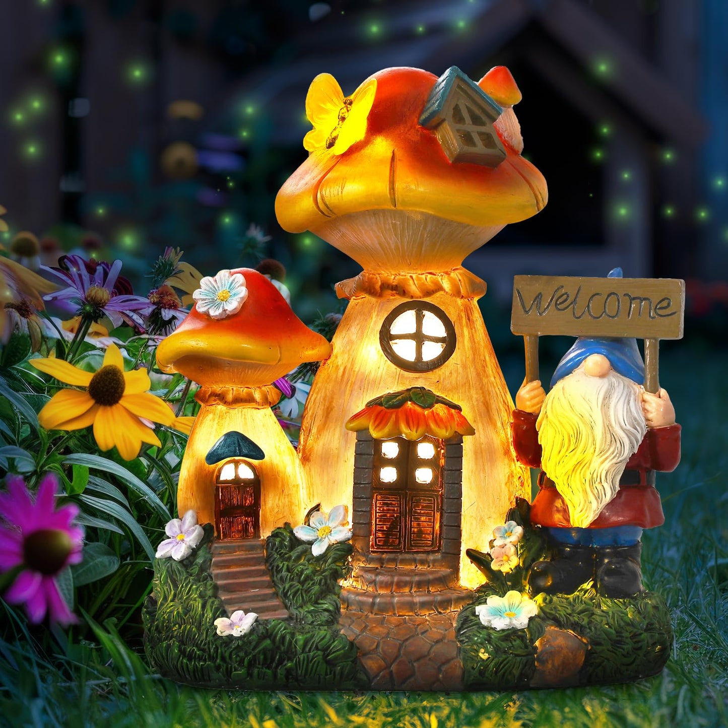 Json Solar Garden Statue Lights Mushroom Fairy House Figurine  Outdoor Memorial Garden Ornaments Waterproof Decoration For Outside Patio Yard Lawn Decor