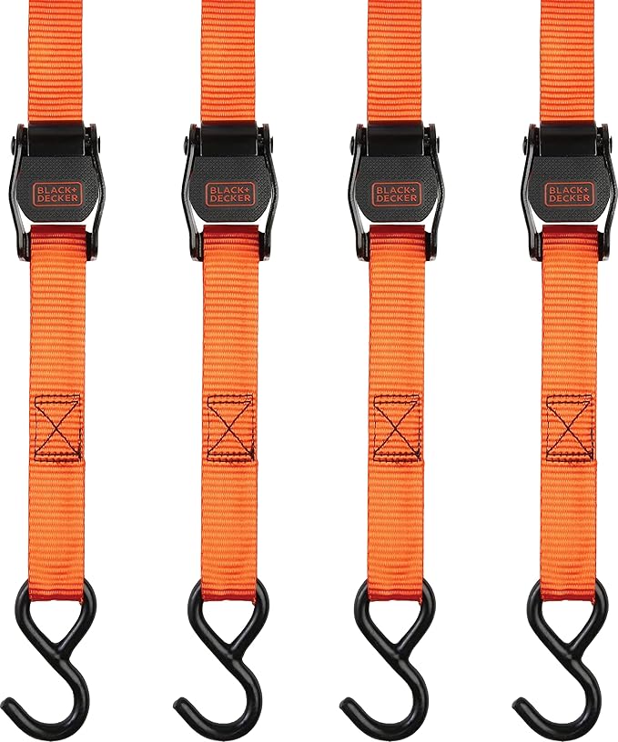 Black+Decker BDX1004 Black/Orange 1" x 10' Cam-Buckle Tie Down Straps - 300 lb Safe Working Load / 900 lb Break Strength, ...