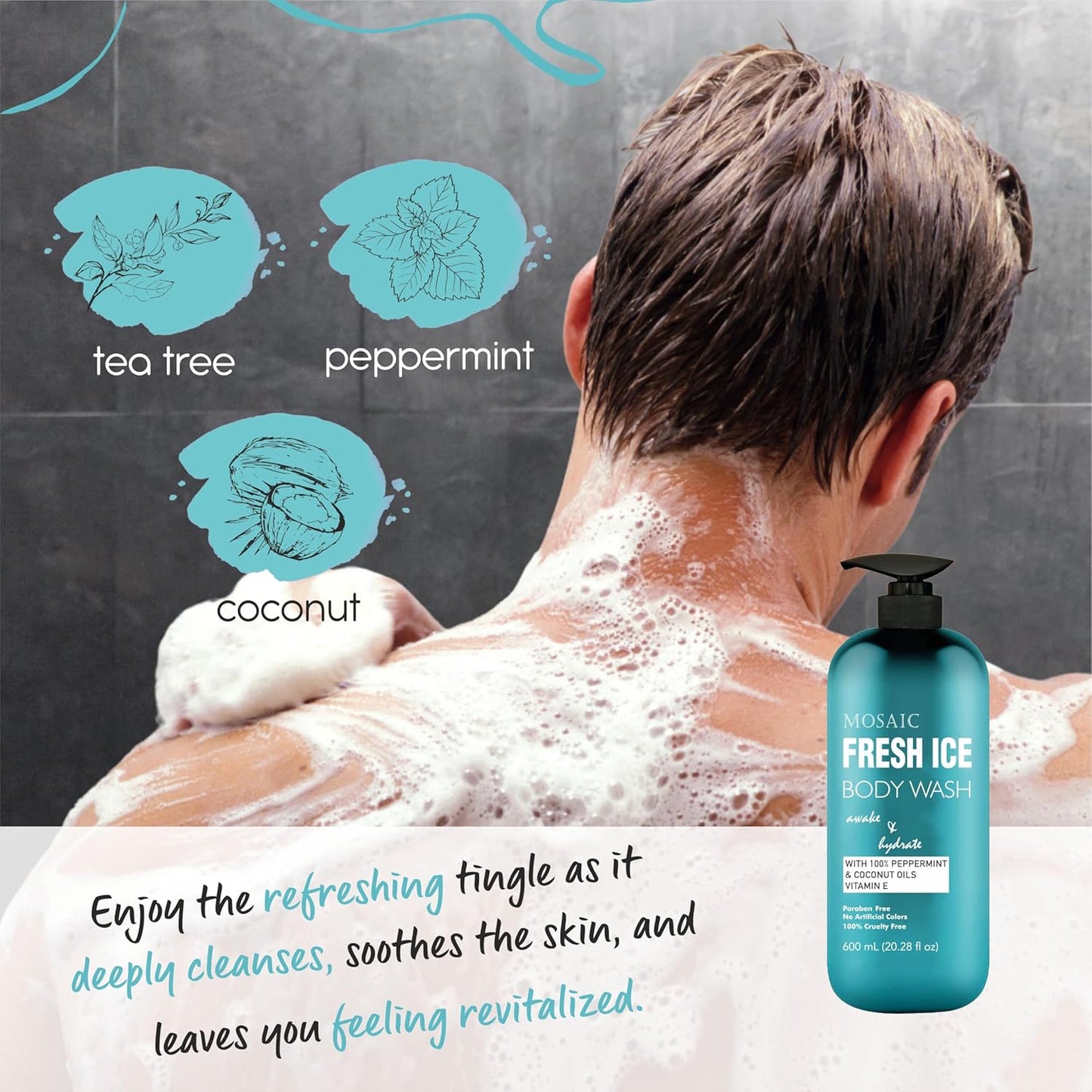 AnatoliaDaphne Fresh Ice Peppermint Body Wash and Shower Gel for MEN with Vitamin E for Jock Itch, Eczema, Ringworm, Body Odor, Body Wash Men with Added Body Oils, LARGE 20.2 FL Oz Bottle