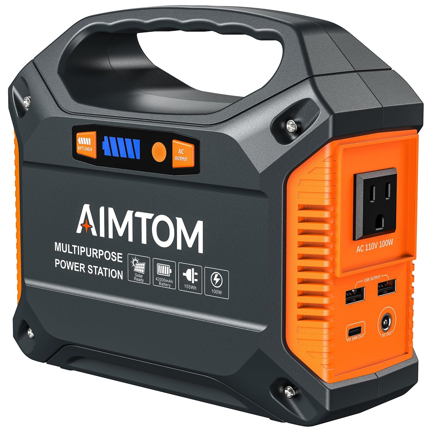 AIMTOM 155Wh Portable Power Station - 42000mAh Lithium Battery, 150W Peak, Solar Charging, 7.48"x6.69"x3.54", Model