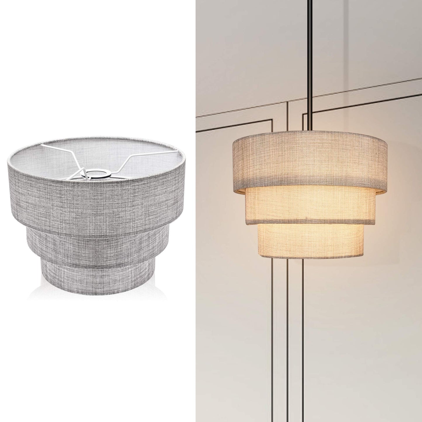 EDISLIVE 3-Tier Drum Linen Lamp Shade for Pendant/Floor Lamp, Grey, Model EDIS448458598