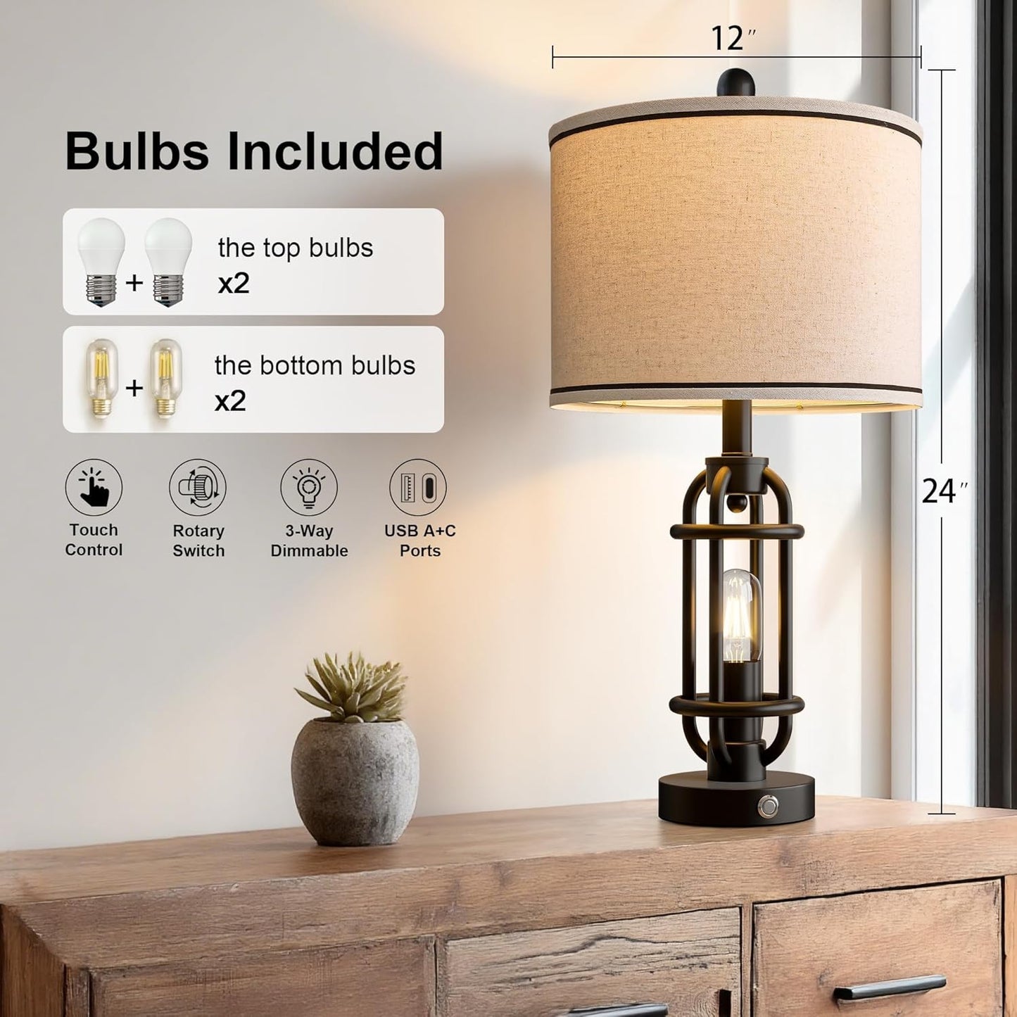 24'' Table Lamps for Living Room Bedroom Set of 2 Industrial Touch Lamp with USB A+C Ports, Night Light Farmhouse Vintage Nightstand Bedside Lamps for Night Stands Metal Black, Bulbs Included
