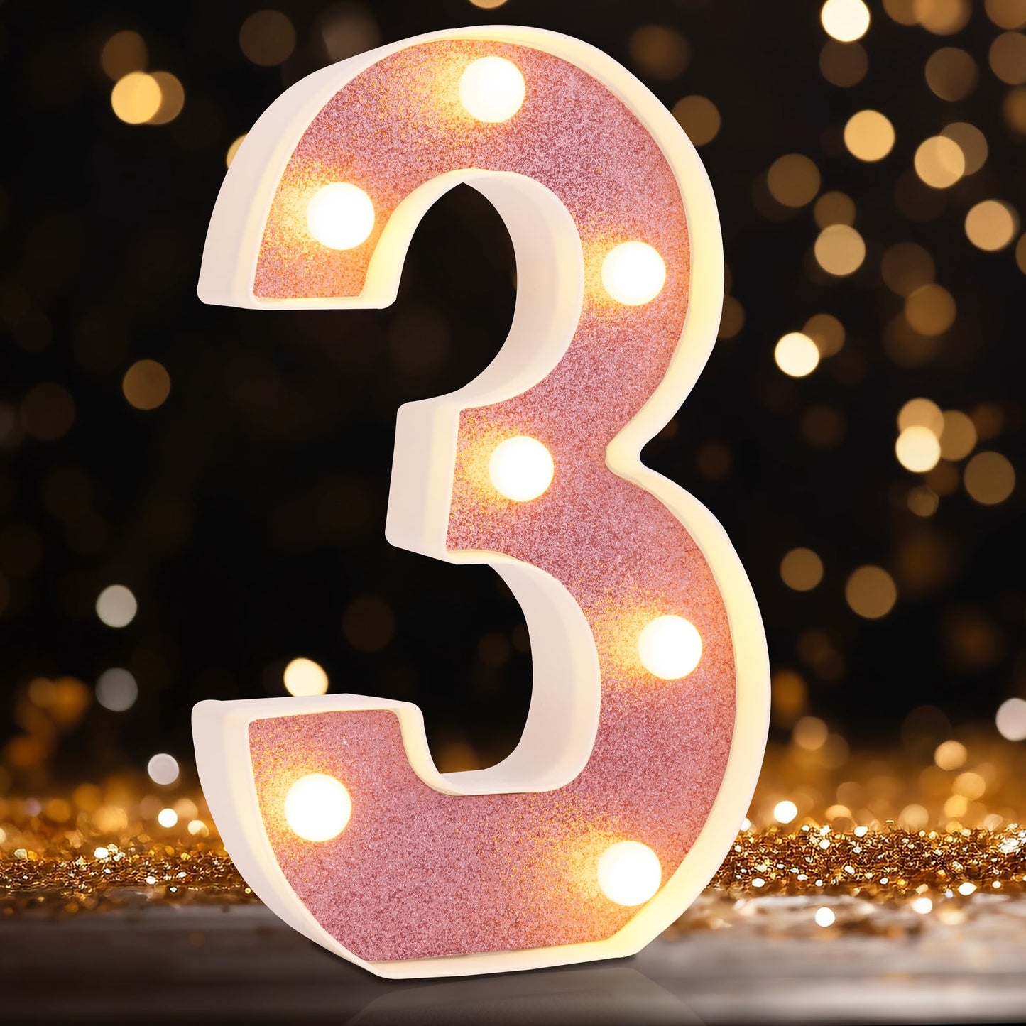 DyingSwan LED Marquee Number Light, 8.58 Inch, Pink Glitter, Battery Powered, Table Decor, Number 3