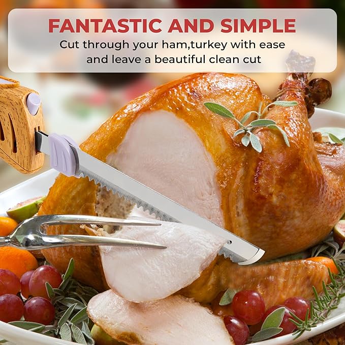 Electric Knife - Carving Knife Set, Easy-Slice Serrated Edge Blades for Meat, Bread, Turkey, Ribs, Fillet, DIY, Ergonomic Handle + 2 Blades for Raw & Cooked Food New Upgrade(Faux Wood)