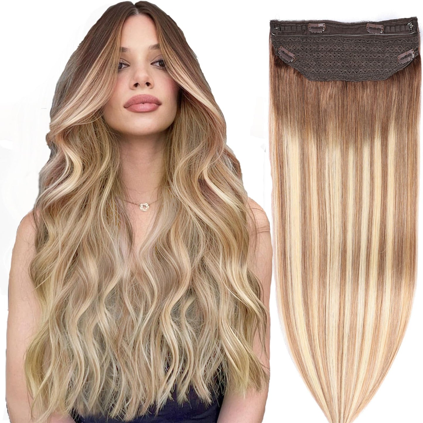 Halo Hair Extensions - Dark Brown to Gold Blonde and Bleach Blonde Adjustable Size Removable Secure,Halo Extensions Real Human H