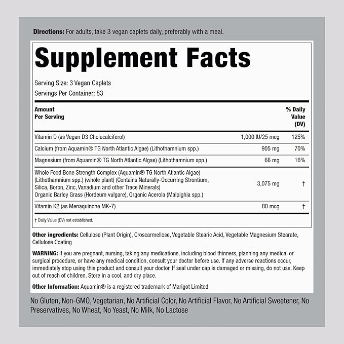 Piping Rock Bone Strength Supplement for Women and Men | 250 Caplets | Premium Calcium Plant Based Complex | with Vitamin D3, K2, Magnesium, and Minerals | Vegan, Non-GMO, Gluten Free