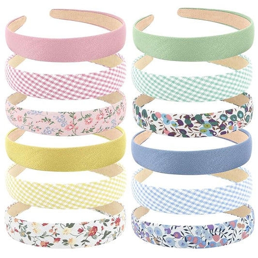 Wecoe 12pcs Headbands for Women Girls Summer Flower Floral Plain Checked Plaid Printed Headbands Hairbands Diy Costume Hai...
