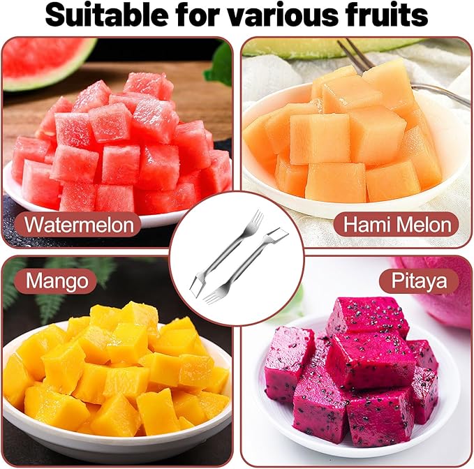 2-in-1 stainless steel fruit slicer,2025 new upgraded portable watermelon fork, fruit fork slicer suitable for home, party, camping and kitchen small tools(2pcs)