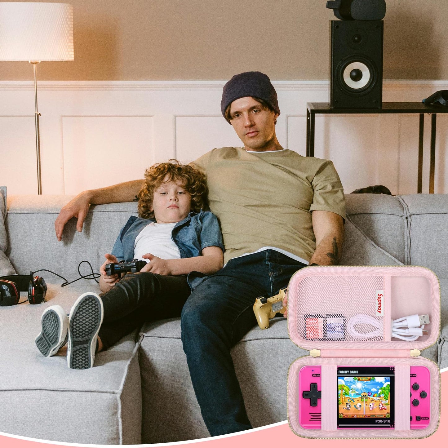 Supmay Carrying Case Compatible with WELLST·G Handheld Game for Kids -Preloaded 220 Retro Video Games, Portable Gaming Player Storage Holder Travel Bag with Mesh Pocket for USB Cable, Pink