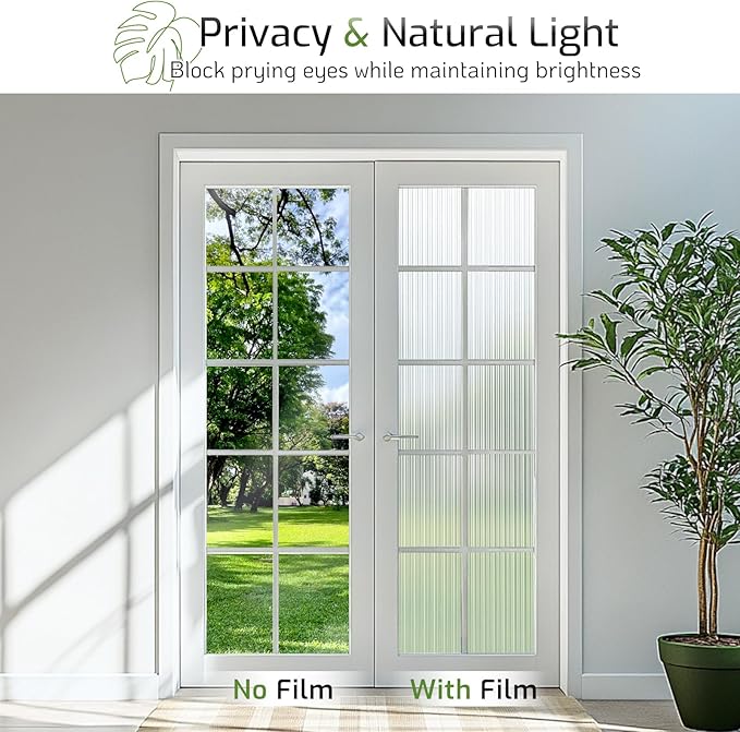 LUTE Reeded Glass Window Privacy Film, Frosted Glass Film, Removable 3D Decorative Decals Sun Blocking Anti UV Door Window Cover, No Glue Static Cling Vinyl for Bathroom Home Office, 35.4" x 78.7"