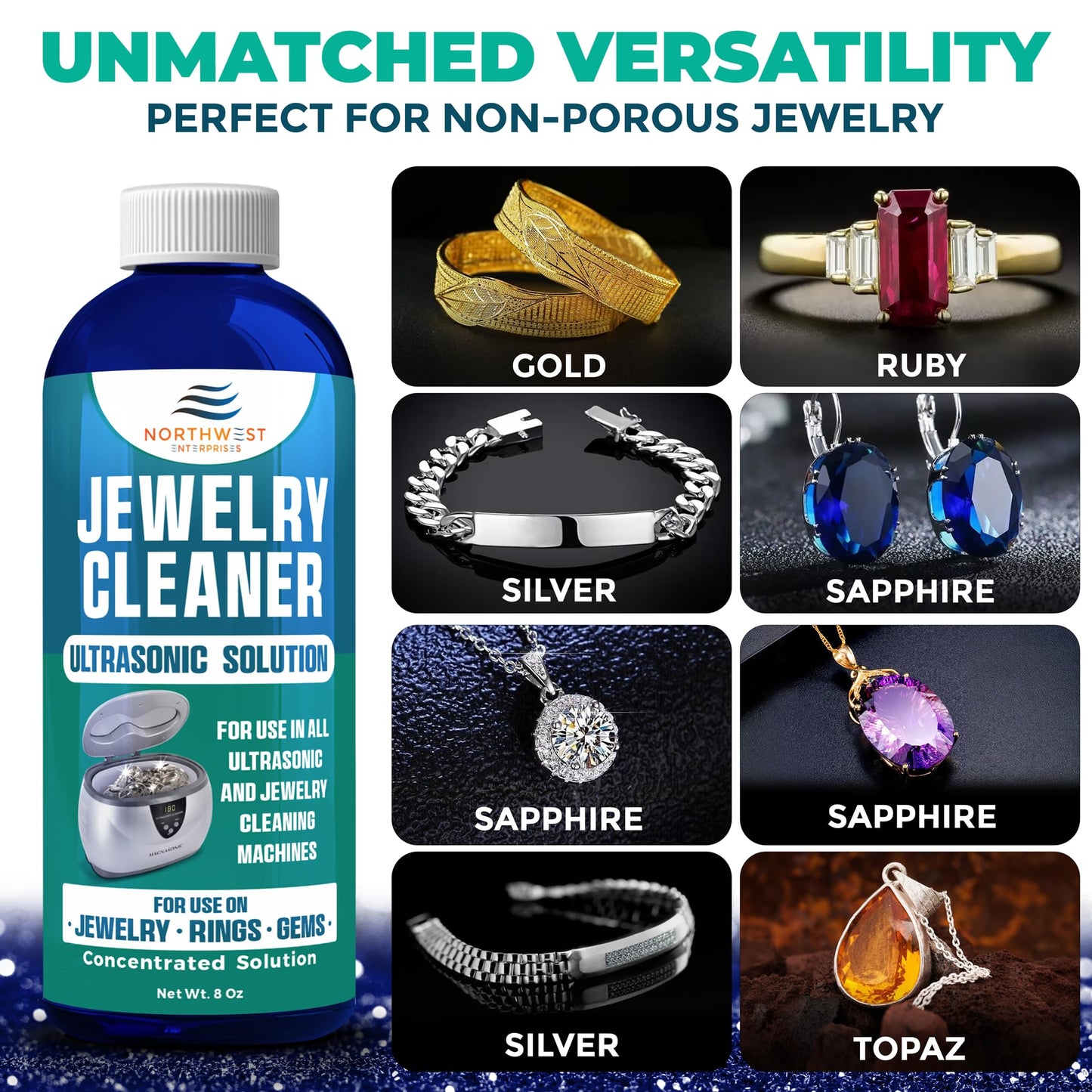 NORTHWEST ENTERPRISES Ultrasonic Cleaner Solution for Jewelry Cleaning. Concentrated Jewelry Cleaner for Gold, Platinum Diamonds