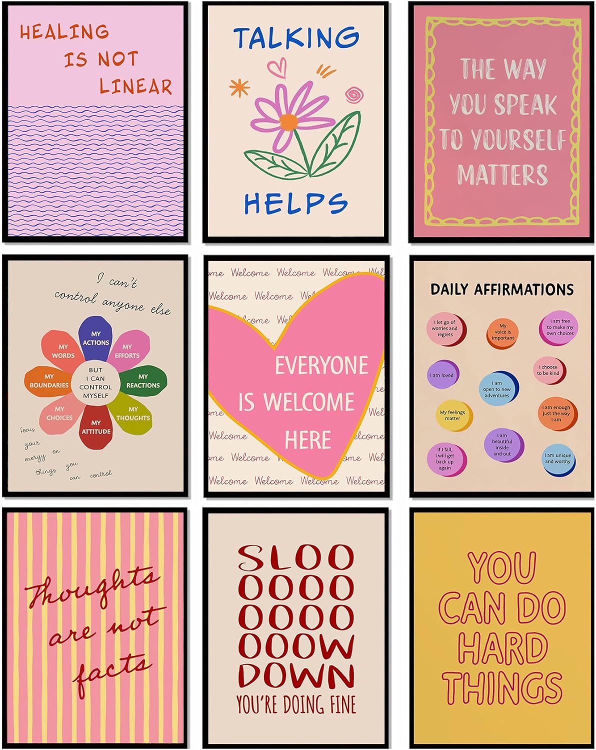 LOARTVE 9Pcs Mental Health Wall Art Prints Motivational Psychology Wall Decor Pictures Inspirational Quotes Colorful Therapy Office Posters for Office Bedroom Home Decoration 8x10in unframed