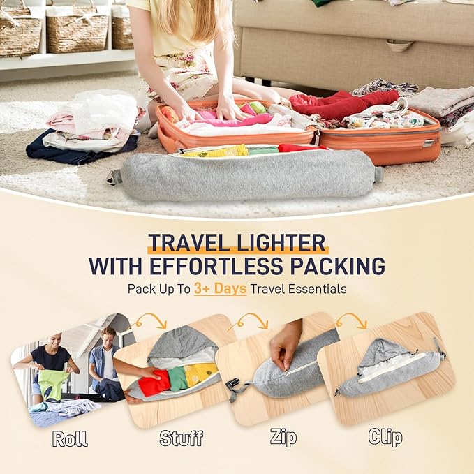 Stuffable Neck Pillow for Travel with Hood, Hoodie Travel Neck Pillow Stuffable with Clothes, Fillable Travel Pillow Storage Bag, Soft Empty Neck Pillow Case, Packable for Airplane Travel Essentials