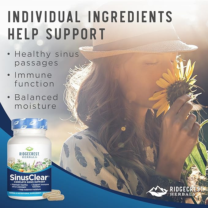 RidgeCrest Herbals SinusClear, Complete Formula for Sinus and Nasal Health with Mullein Leaf, Bromelain, Vitamin C, and Zinc, for Healthy Mucus, Immune & Respiratory Support, (60 Veg Caps, 30 Serv)