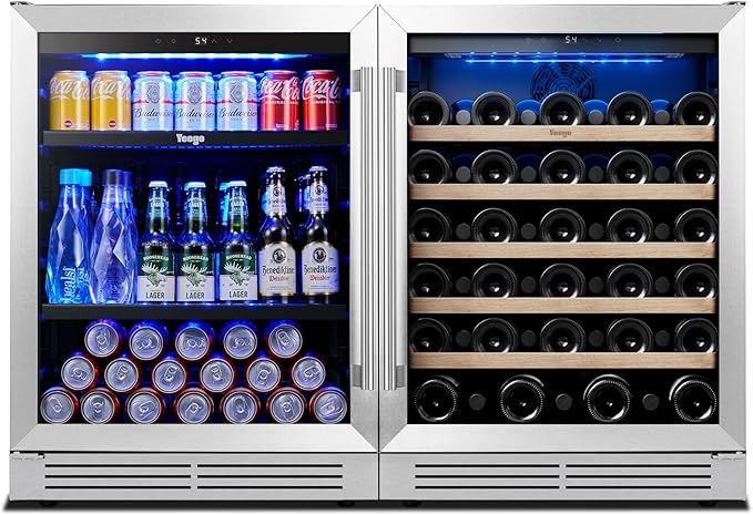 Yeego 48 inch Wine & Beverage Fridge Combo - Wine Cooler with Glass Doors, Hold 47 Bottles and 180 Cans, Built-in, Under Counter & Freestanding, Ideal for Bars, Offices, Restaurants