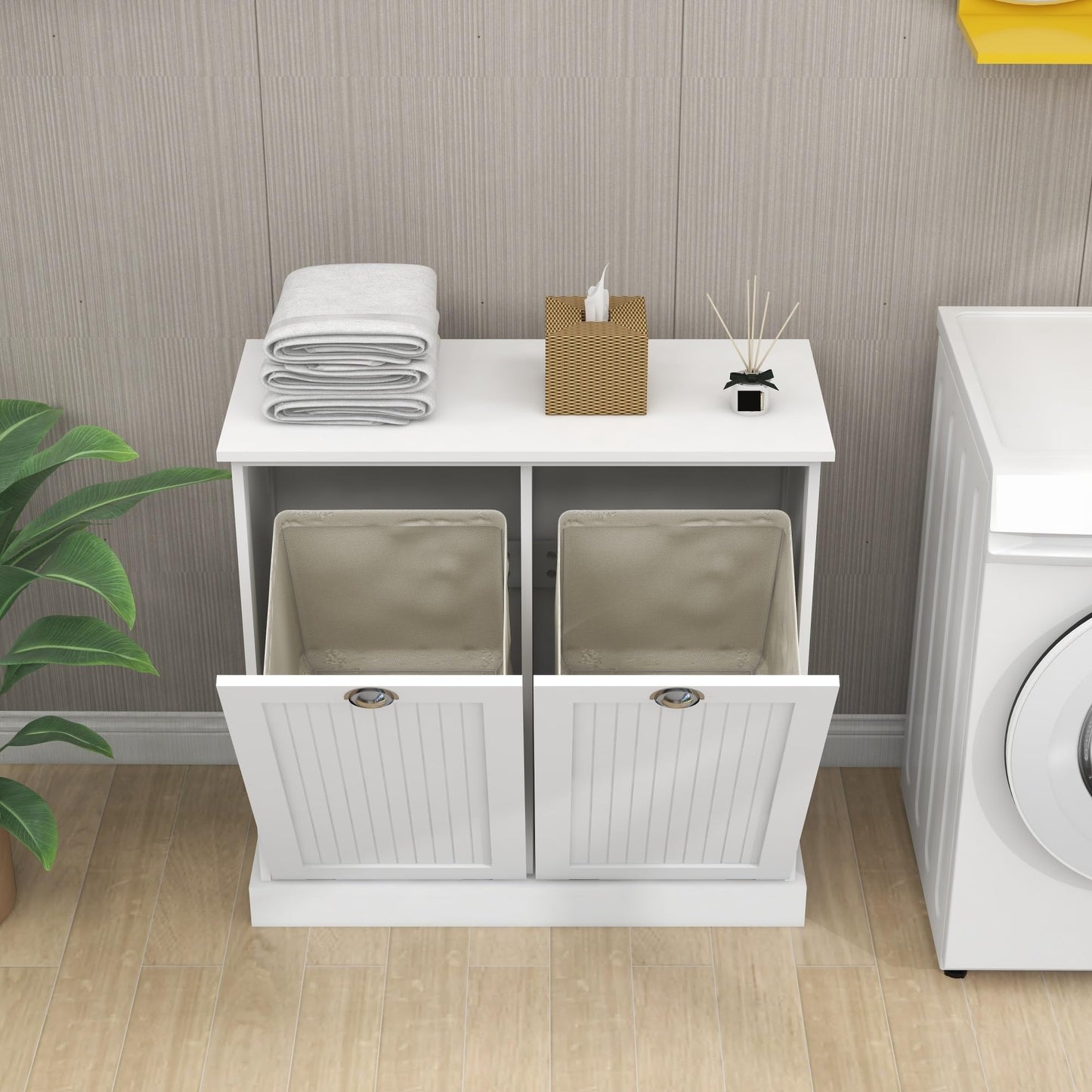 Contemporary Storage Cabinet, Two-Compartment Tilt-Out Laundry Sorter Cabinet, for Bathroom Hallway