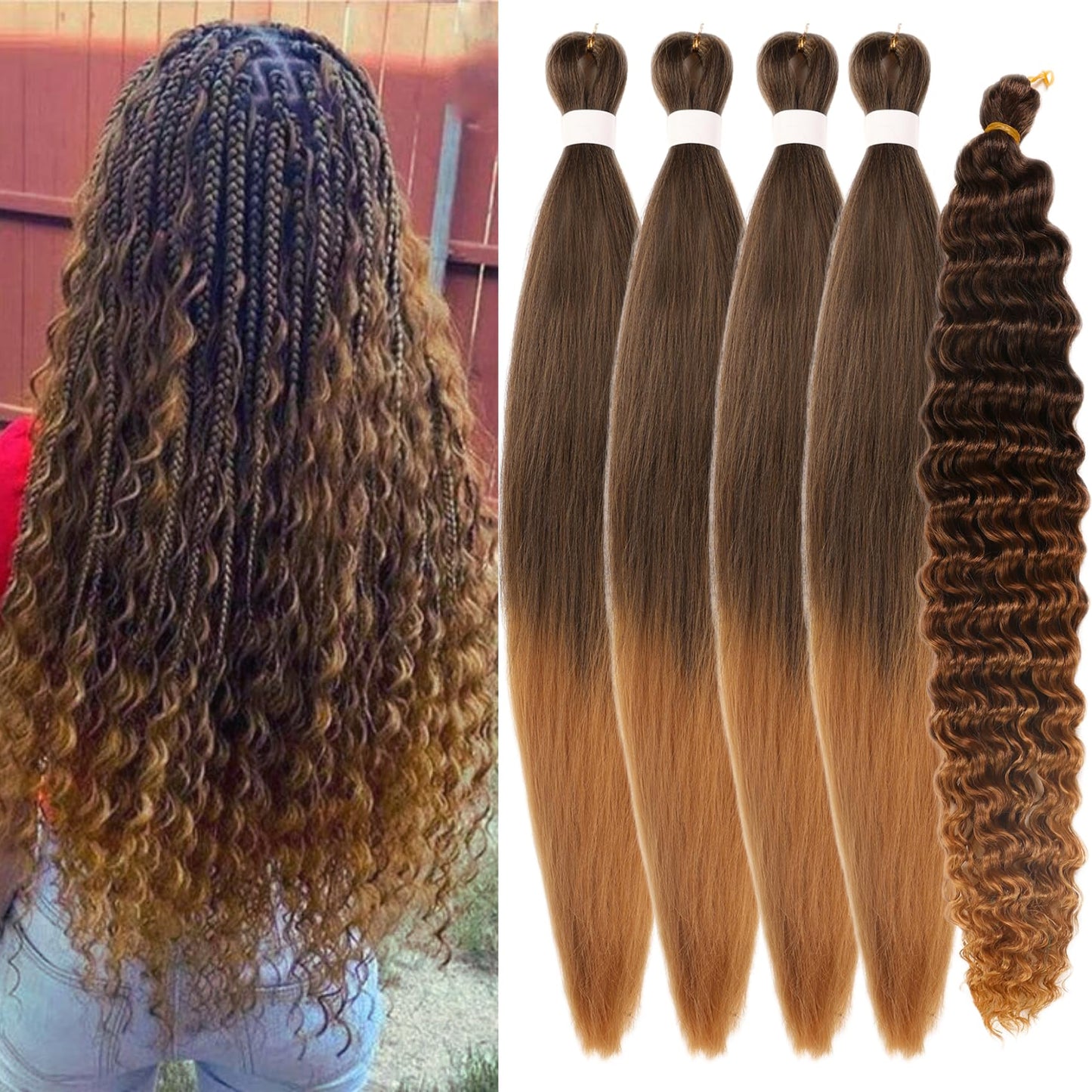 Brown Blonde Boho Hair for Braiding Synthetic Hypoallergenic Pre stretched Braiding Hair for Boho Braids Curly Deep Wave Inch Fr