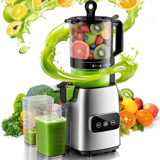 Kismile Cold Press Juicer Machine, 5.4" Wide Chute Slow Masticating Juicer with Touch Control, High Juice Yield Cold Pressed Juicer for Fruits & Vegetables with 1.2L Pulp Bin & 1L Juice Cup