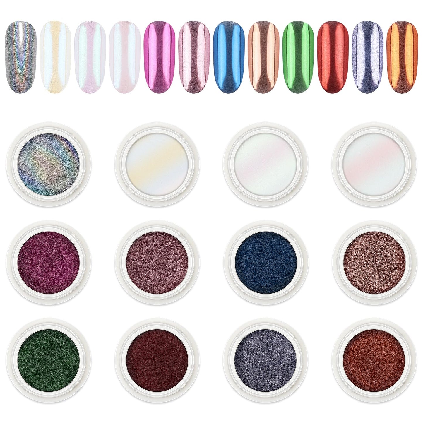 AIMEILI Pearl Chrome Nail Powder, Vegan, Cruelty Free, 12 Colors Aurora Metallic Holographic Mirror Effect Nail Art Pigment Irid