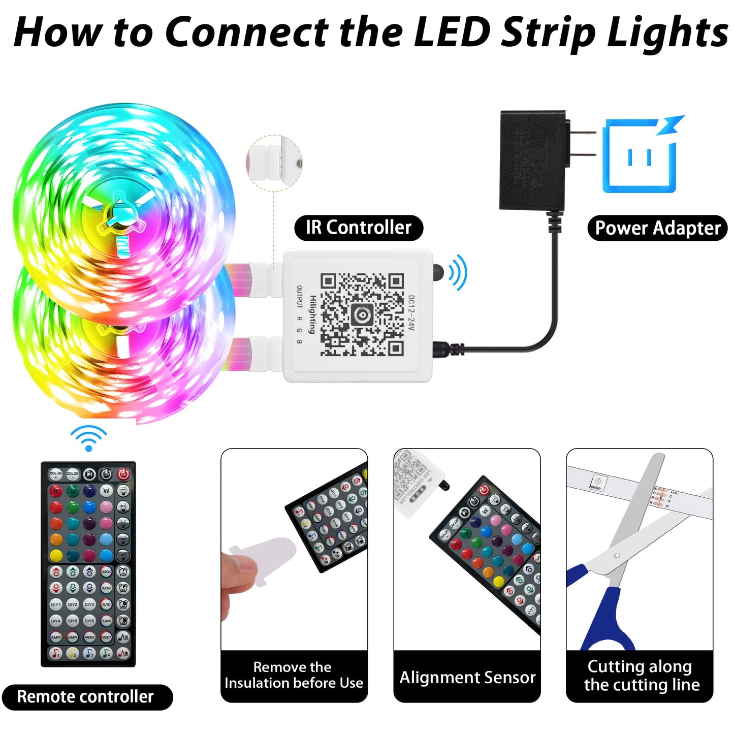 GANZQH LED Strip Lights, 200FT RGB Color Changing, Music Sync, Remote & App Control, Plastic, White, Model GAN-rgb007-4