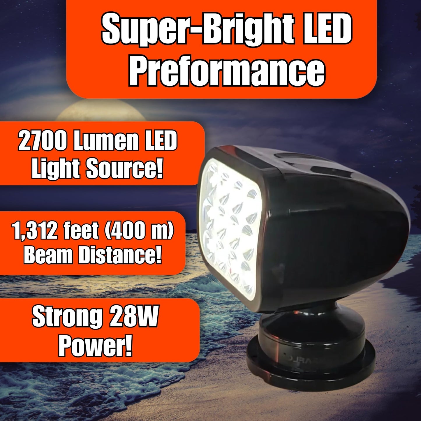 SEAFLO 360° Rotating LED Searchlight, IP66 Waterproof, 10-30V, Warm Light 2700K, Black, Model SFSL-2700Y-01B