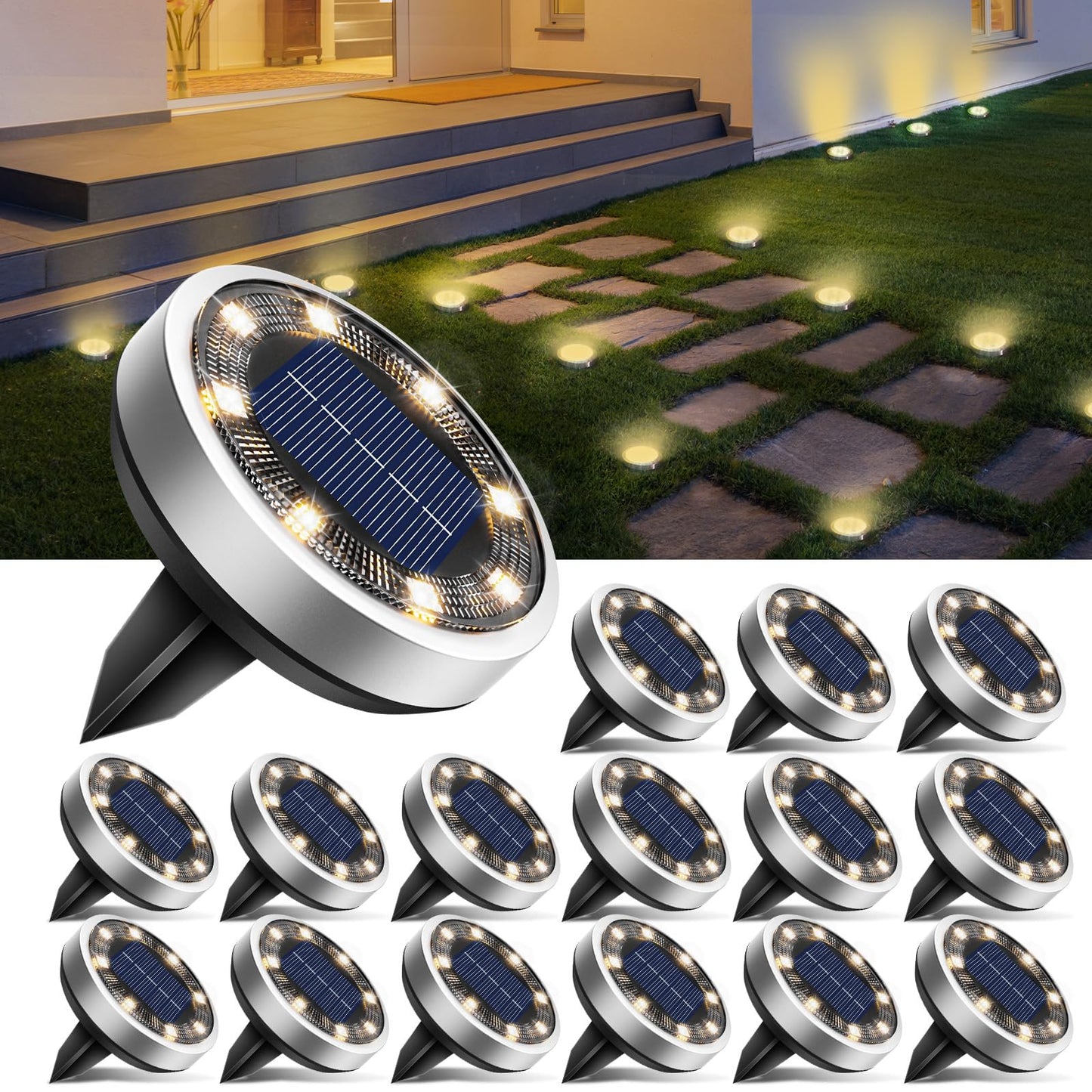 btfarm Solar Ground Lights, 8 LED Disc Lights, IP65 Waterproof, 16 Pack, Warm White