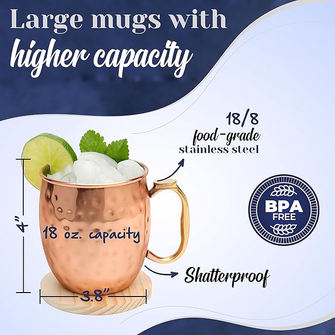 Moscow Mule Mugs Set of 24| Food Safe | High Grade Stainless Steel Mugs with Pure Copper Plating | Brass Handles with Thumb Rest |19 OZ | Large Size