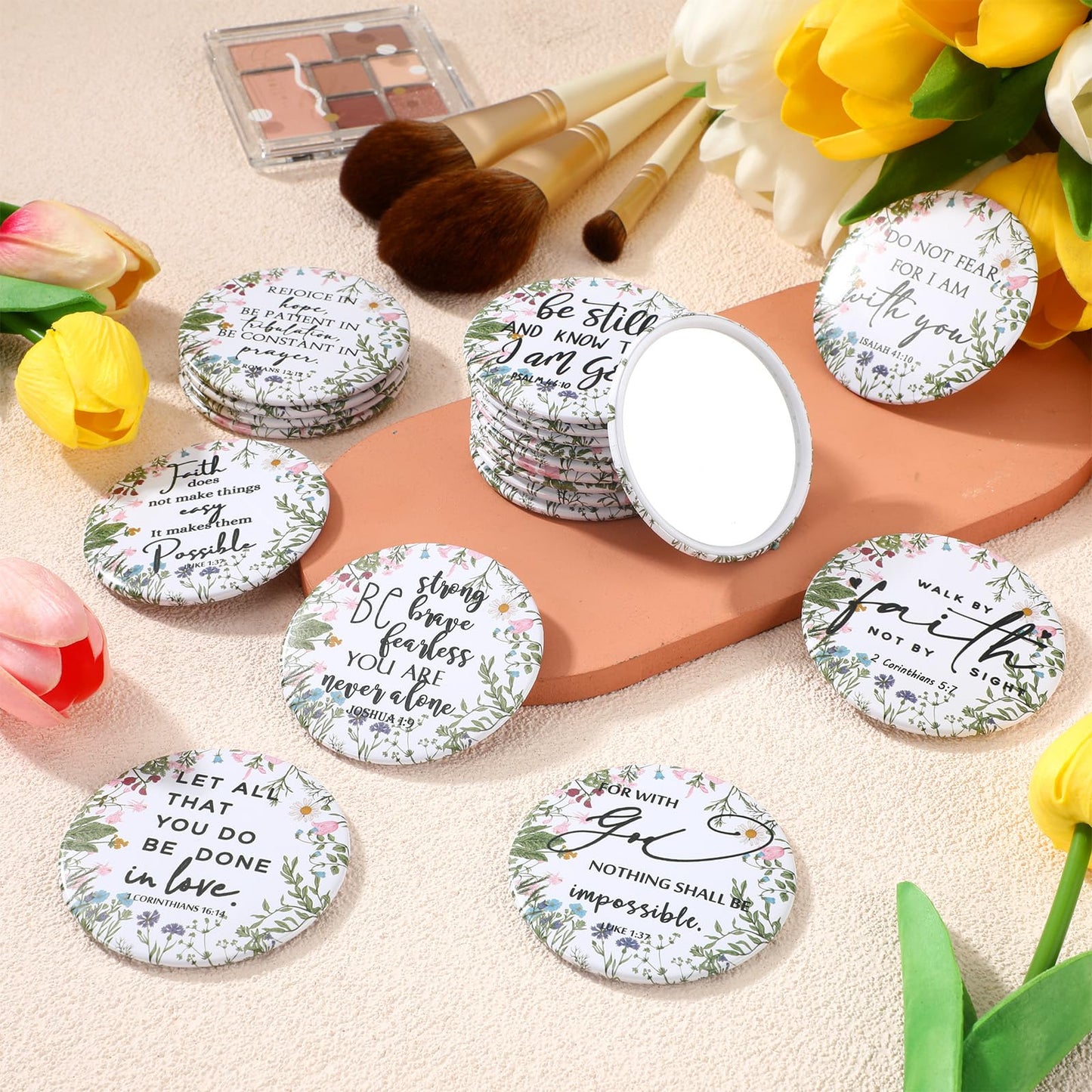 GlikCeil 20 Pcs Mini Wildflower Bible Verse Compact Mirrors Bulk Religious Christian Pocket Purse Mirrors Small Church Gifts for