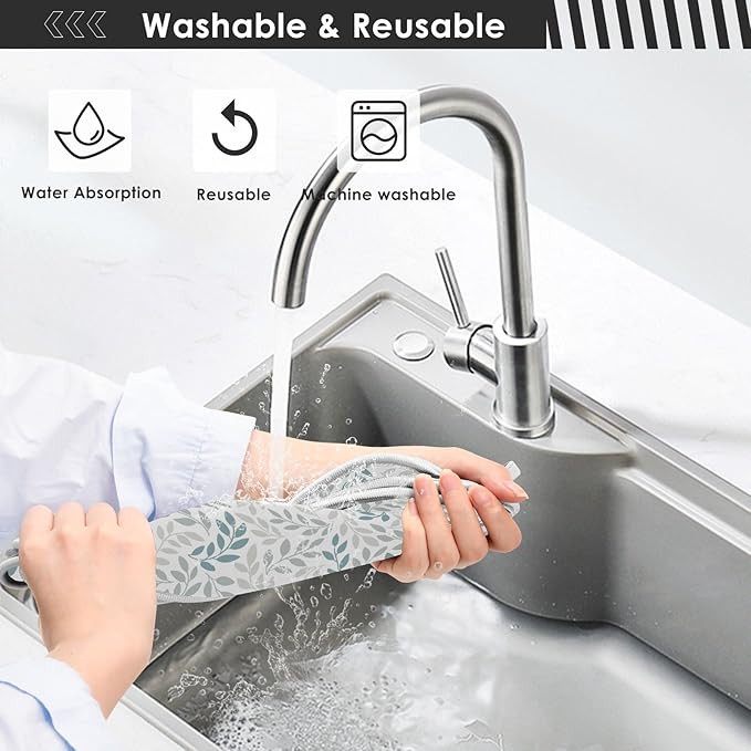 Gray and Blue Leaves Branches Faucet Water Catcher Mat 2 Pack Botanical Herbs Flowers Drying Mat Absorbent Bathroom Faucet Handle Drip Catcher Tray Bar RV Kitchen Sink Splash Guard 30x5 Inches