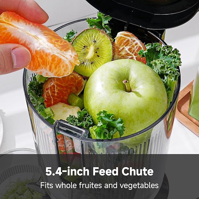 AMZCHEF Cold Press Juicer, Juicers Machines - 5.4" Large Feed Chute for Whole Fruits & Vegetables, Stainless Steel Slow Masticating Juice Easy to Clean, Large Auger, Triple Strainers