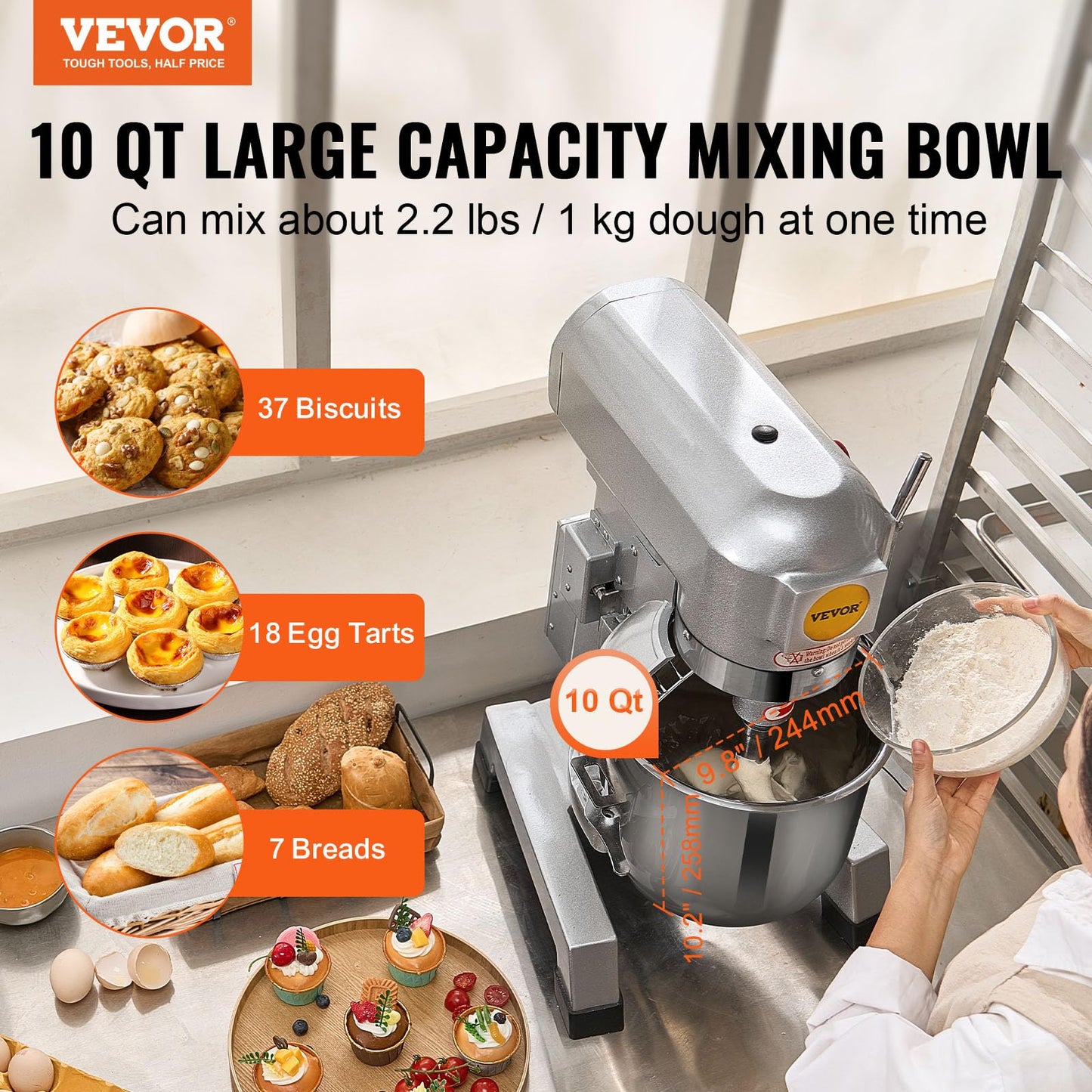 Vevor Commercial Food Mixer, 20Qt Commercial Mixer With Timing Function, 750W Stainless Steel Bowl Heavy Duty Electric Food Mixe