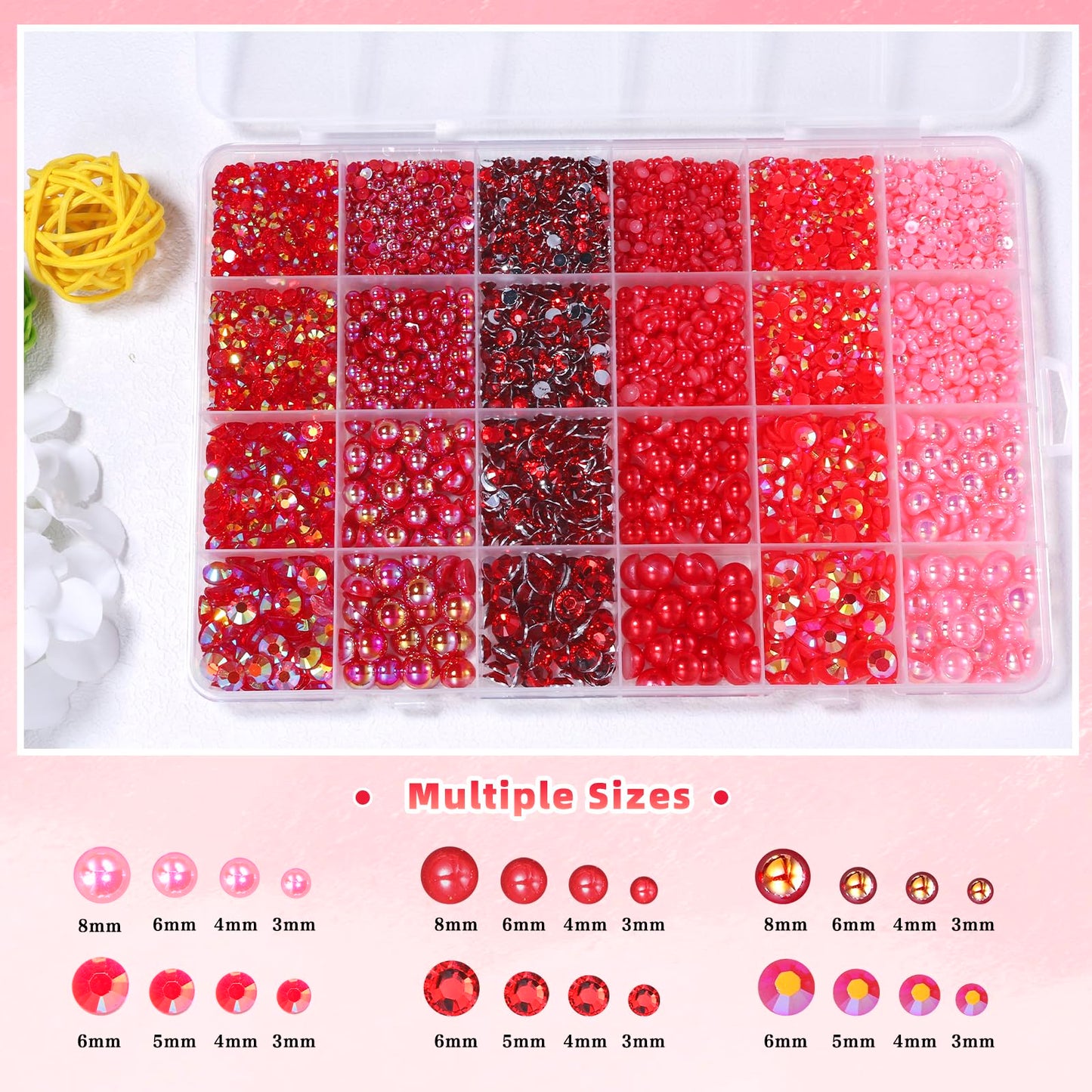 9000 Pcs Red Flatback Pearls and Rhinestones for Crafts, 3/4/5/6mm Jelly Resin Rhinestones, Mixed Size 3/4/6/8mm Half Pearl Beda