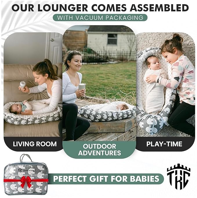 TKC Baby Lounger 0-24 Months | Adjustable Infant Lounger | Breathable Organic Cotton Cover | Reversible, Portable Baby Nest | Includes Bib | Elephant