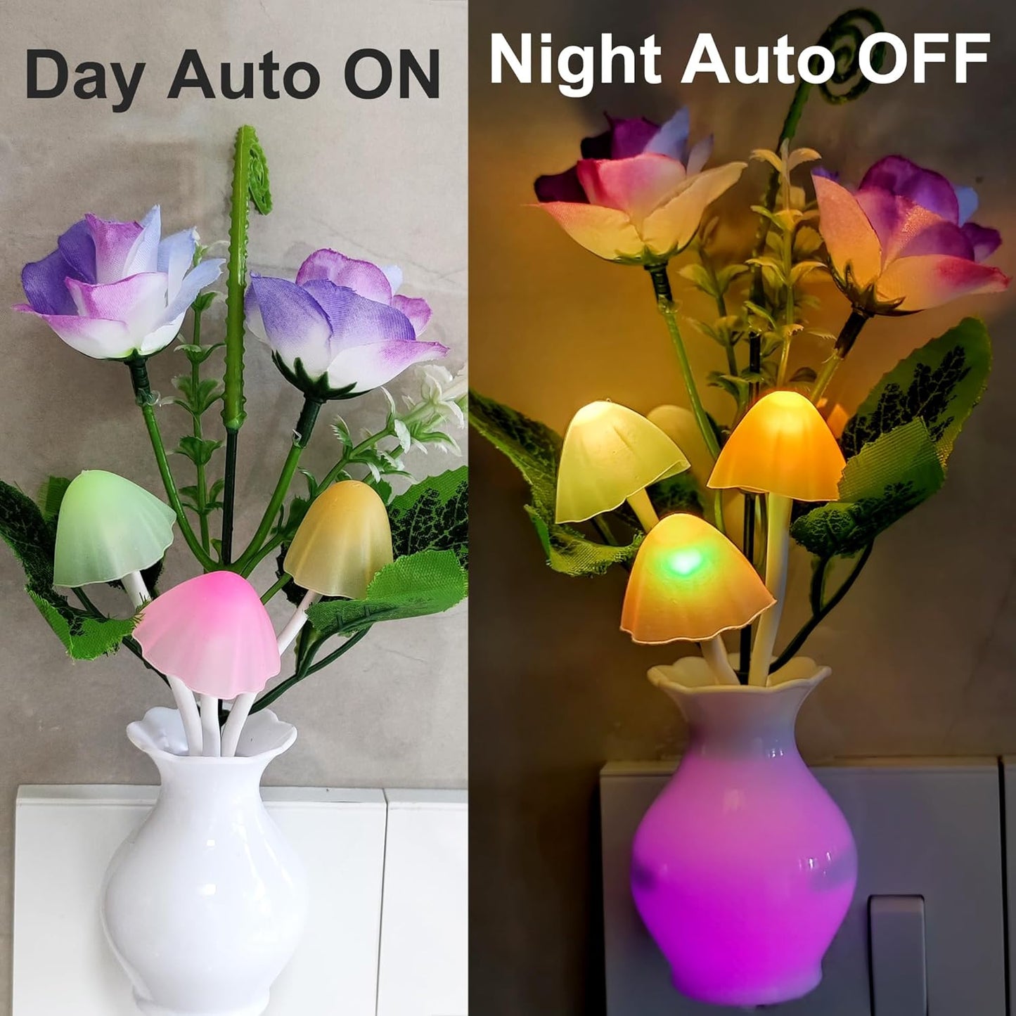 AUSAYE 4 Pack Plug in LED Night Light Sensor Rose Light, Energy Saving Lamp Dream Nightlight Rose Flower Mushroom Night Lights for Kids Adults Bedroom,Bathroom,Stairs,Kitchen,Hallway