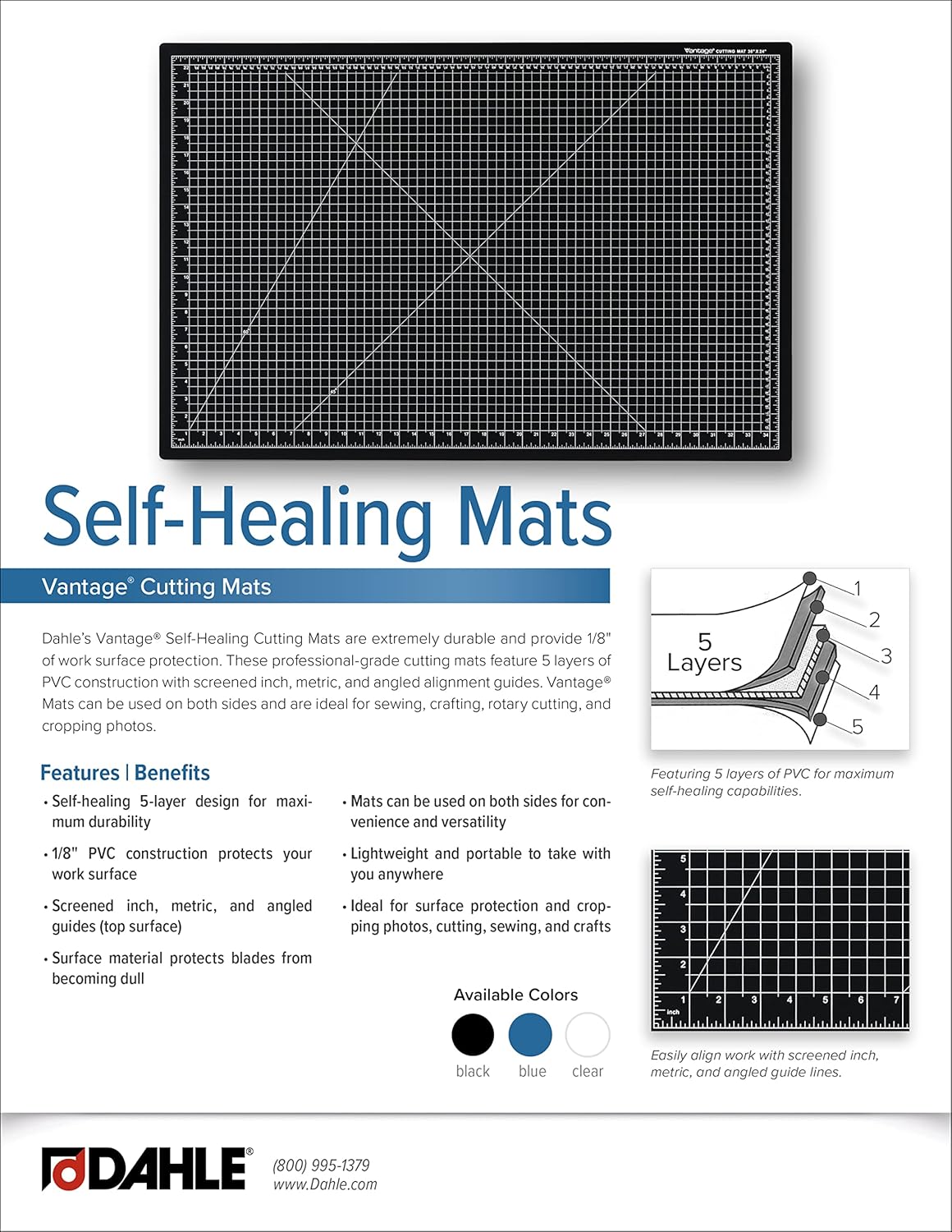 Dahle Vantage 10692 Premium Self-Healing Cutting Mat, 18"x24", 1/2" Grid, 5 Layers for Max Healing, Perfect for Crafts & Sewing, Blue