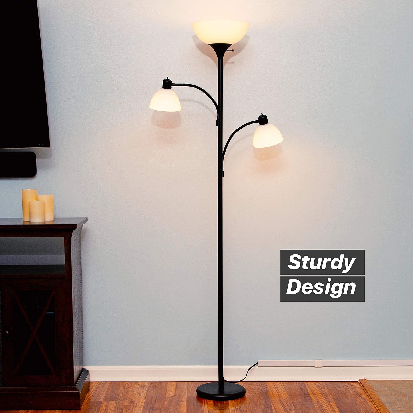 Brightech Sky Dome Double Led Floor Lamp - Dimmable Black Torchiere With 2 Reading Lamps For Living Rooms & Offices - Model Fl-Dme2-Blk