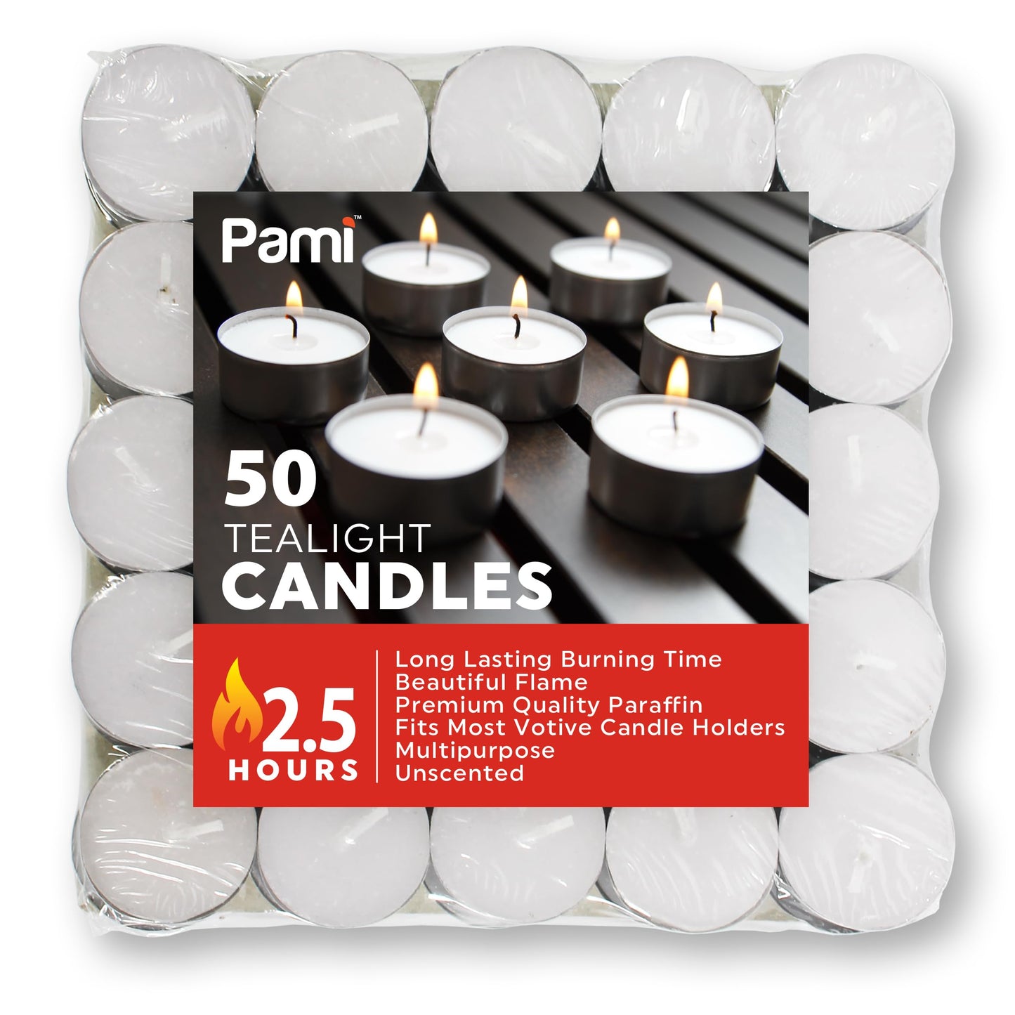 PAMI enhanced Tealight Candles - 50 Pack Unscented Paraffin Wax, 2.5 Hours Burn Time, White