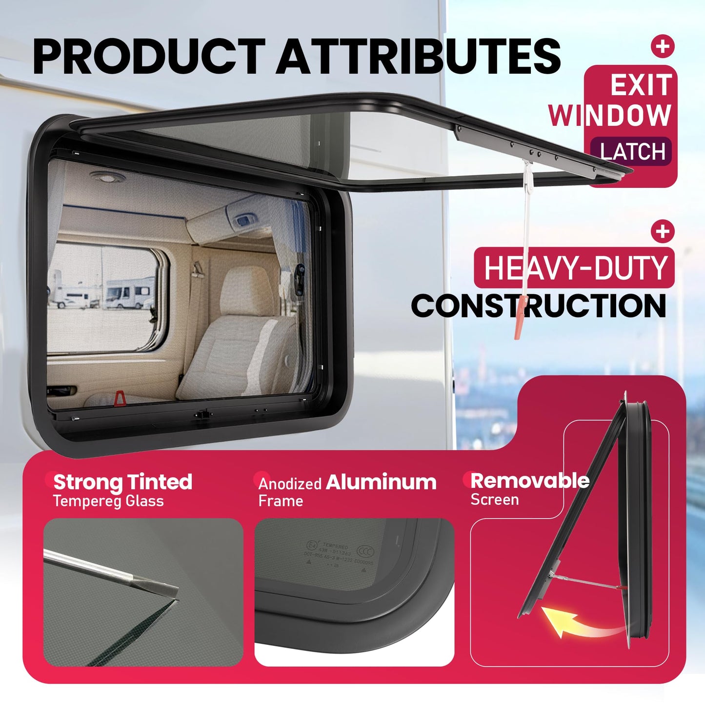 WUTIST RV Exit Window Push Out with Screen & Trim Ring, 30inW x 20inH, Dark Aluminium Tempered Glass, Black Frame & Mesh Screen, Model GO-5158