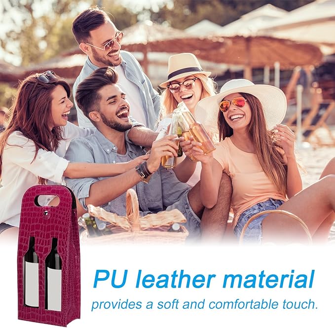 PATIKIL 2 Bottle Wine Gift Bag, 2 Pack Wine Bag Reusable Leather Wine Tote Carrier for Wine Bottles Portable Champagne Gift Bags for Picnic Party Wedding, Red-2