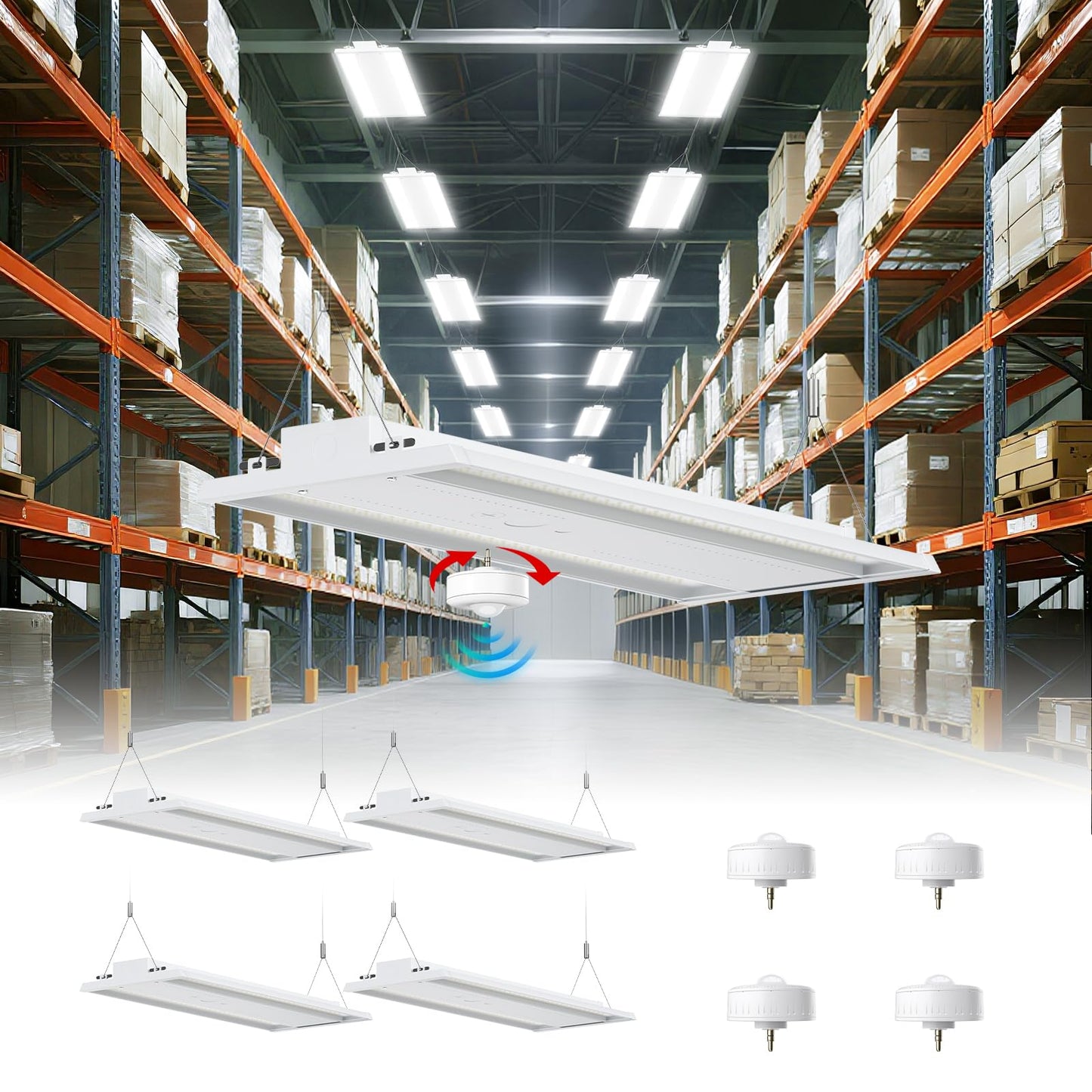 Yxl 210W 4 Pack Motion Sensor Led Linear High Bay Shop Light  Larger Central Lighting Area  45000Lm  120-277V  0-10V  5000K  Commercial Linear High Bay Led Shop Lights For Warehouse Industrial  Ul