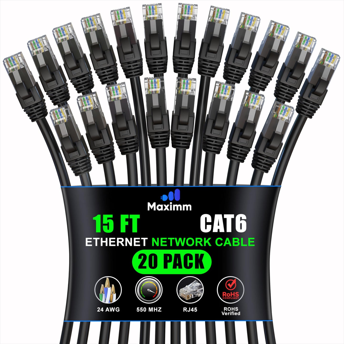 Maximm Cat 6 Ethernet Cable 15 Ft (20-Pack) - High-Speed Lan Cable, Internet Cable, Patch Cable, And Network Cable - Utp, 10Gbps