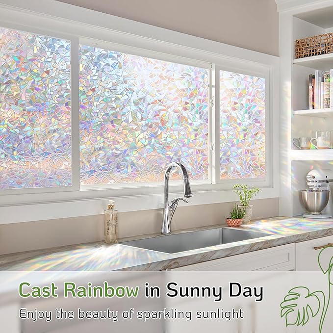 LUTE Window Privacy Film, Rainbow Window Film, 3D Decorative Stained Glass Cling, Non-Adhesive Vinyl Static Cling Removable Glass Stickers, Sun UV Blocking Decal Covering for Home, 35.4 x 157.4 inches