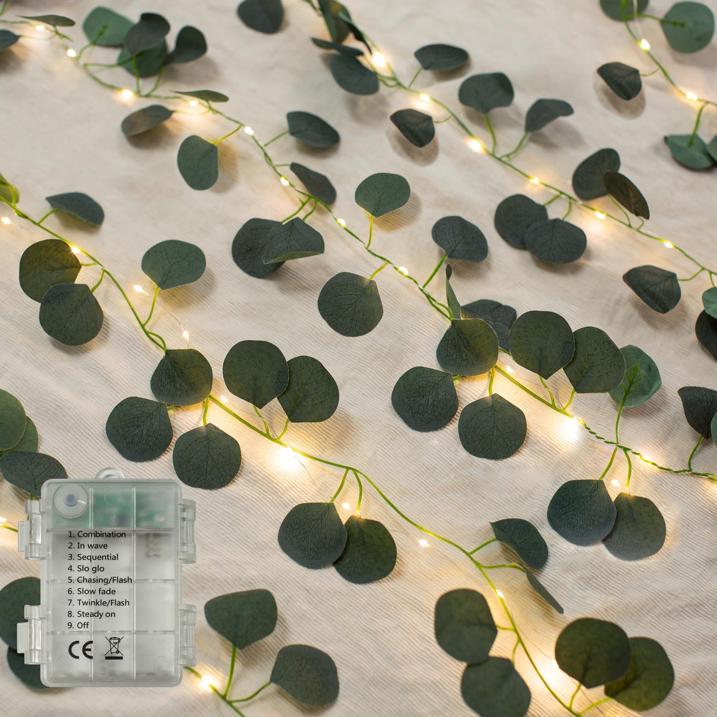 33 Ft Vine With Eucalyptus Leaf Lights Battery Operated  8 Flashing Model Waterproof 100 Leds Artifical Ivy Leaves Vine String Light For Garland Bedroom Wedding Party Holiday Patio Decor