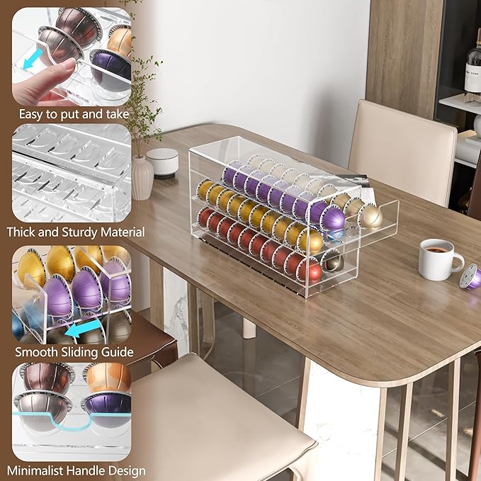 Acrylic Coffee Pod Organizer for Nespresso Vertuo Pod Holder 60 Pods Clear Vertuo Pod Storage Drawer (3 Tier)