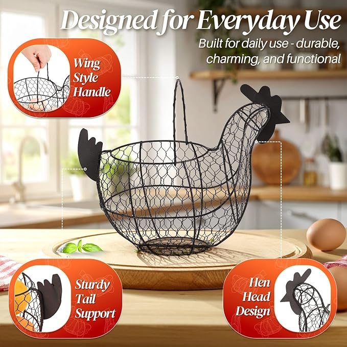 Flexzion Chicken Egg Basket for Collecting Eggs, Small Wire Egg Collecting Basket with Handle for Eggs, Fruits, Vegetables, Farmhouse Rustic Style Chicken Basket Decor for Kitchen Countertop, Brown