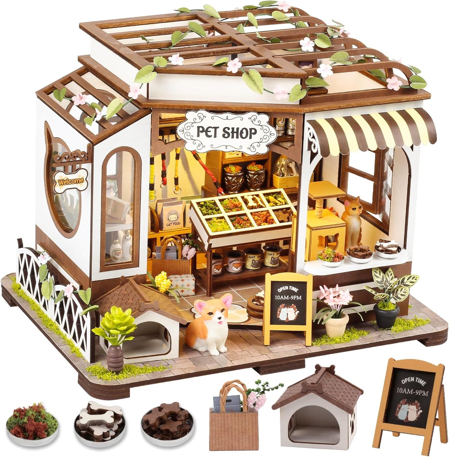 [2025 New] Pet Shop Miniature House Kit with LED Light, Book Nook Kit with Cover for Birthday, 3D Wooden Bookends Puzzle Bookshelf Decor Building Kit Birthday Gifts for Family, Friends