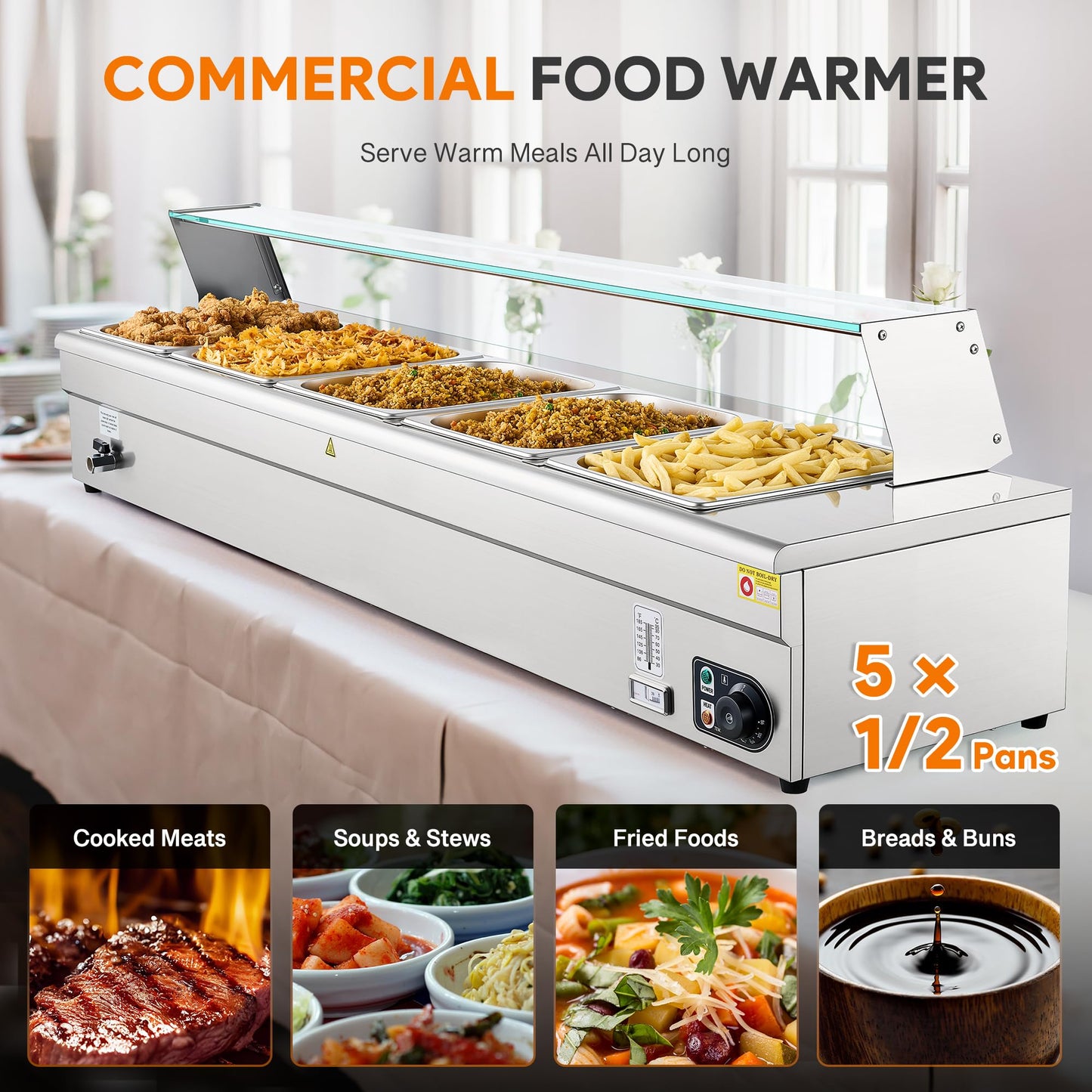 WILPREP 5-Pan Commercial Food Warmer with Sneeze Guard, Five 1/2 Pans, 1500W Countertop Electric Steam Table, 86-185°F Adjustable Temp Control, Stainless Steel Buffet Bain Marie