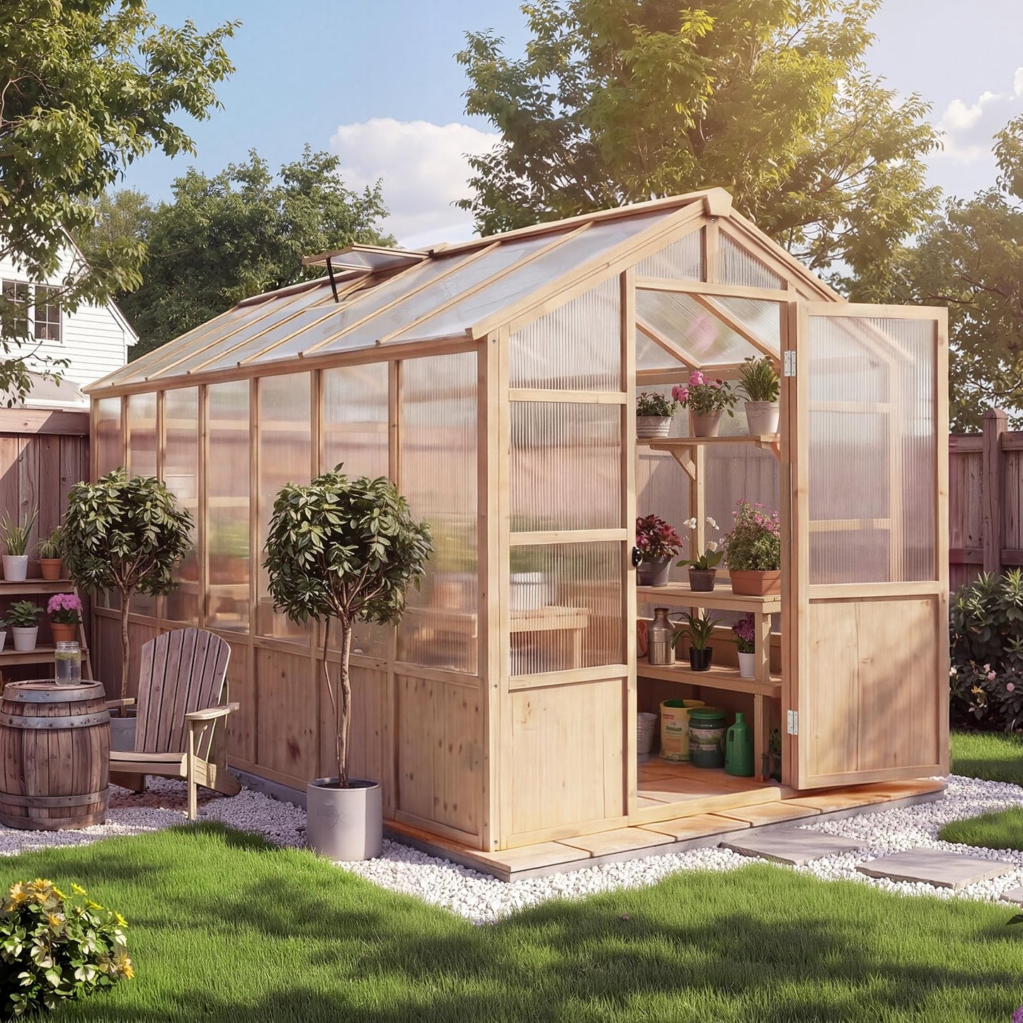 GarveeLife 8'x14' Wooden Greenhouse for Outdoor, Large Walk-in Greenhouse Kit with Ventilated Window, Door & Polycarbonate Panels, Heavy Duty Wood Frame Green House for Patio Garden Backyard