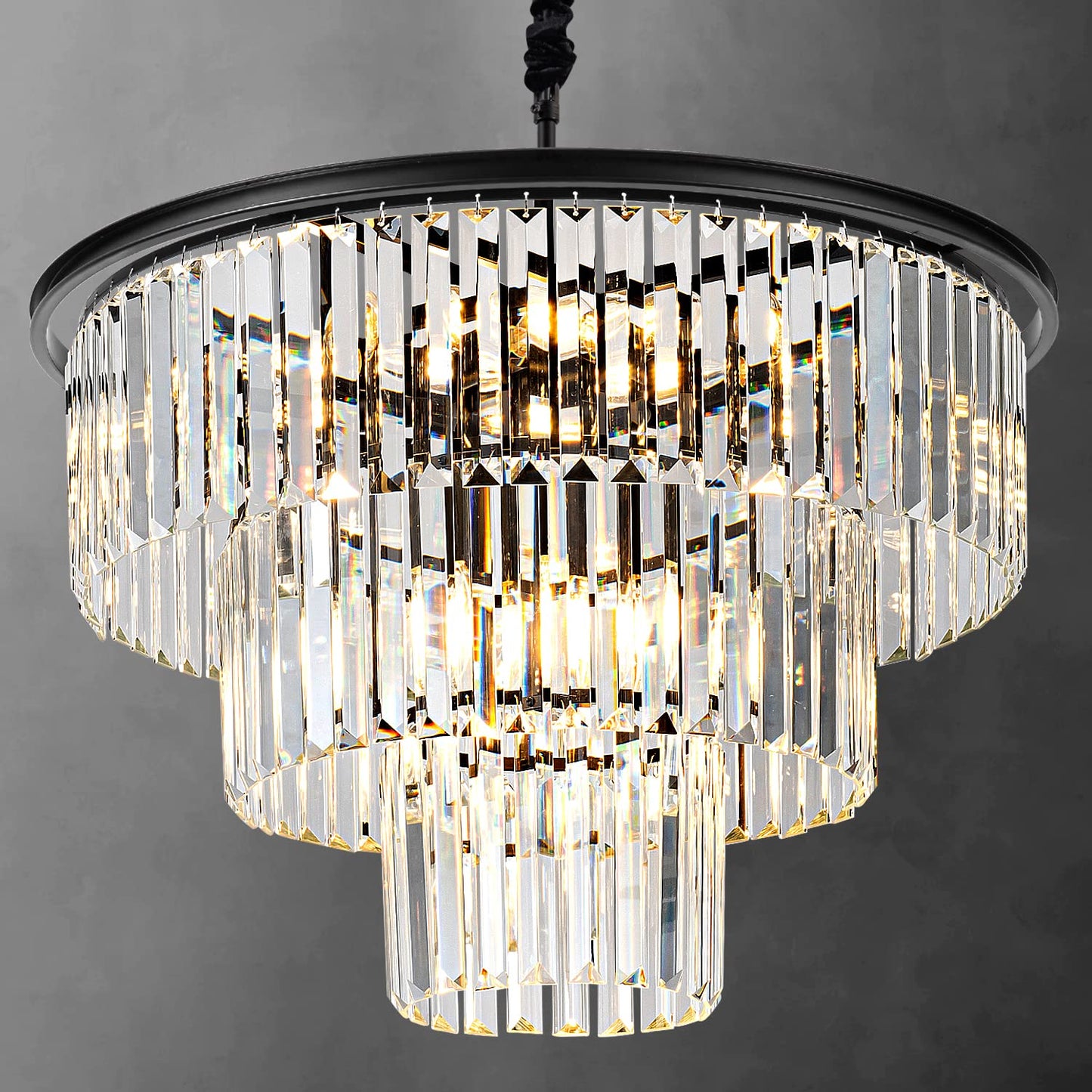 Brfaixla 12 Lights 23.64 Black Modern Crystal Chandelier Crystal Pendant Ceiling Light Fixture 3-Tier Hanging Lighting For Dinning Room Bedroom Living Room Foyer